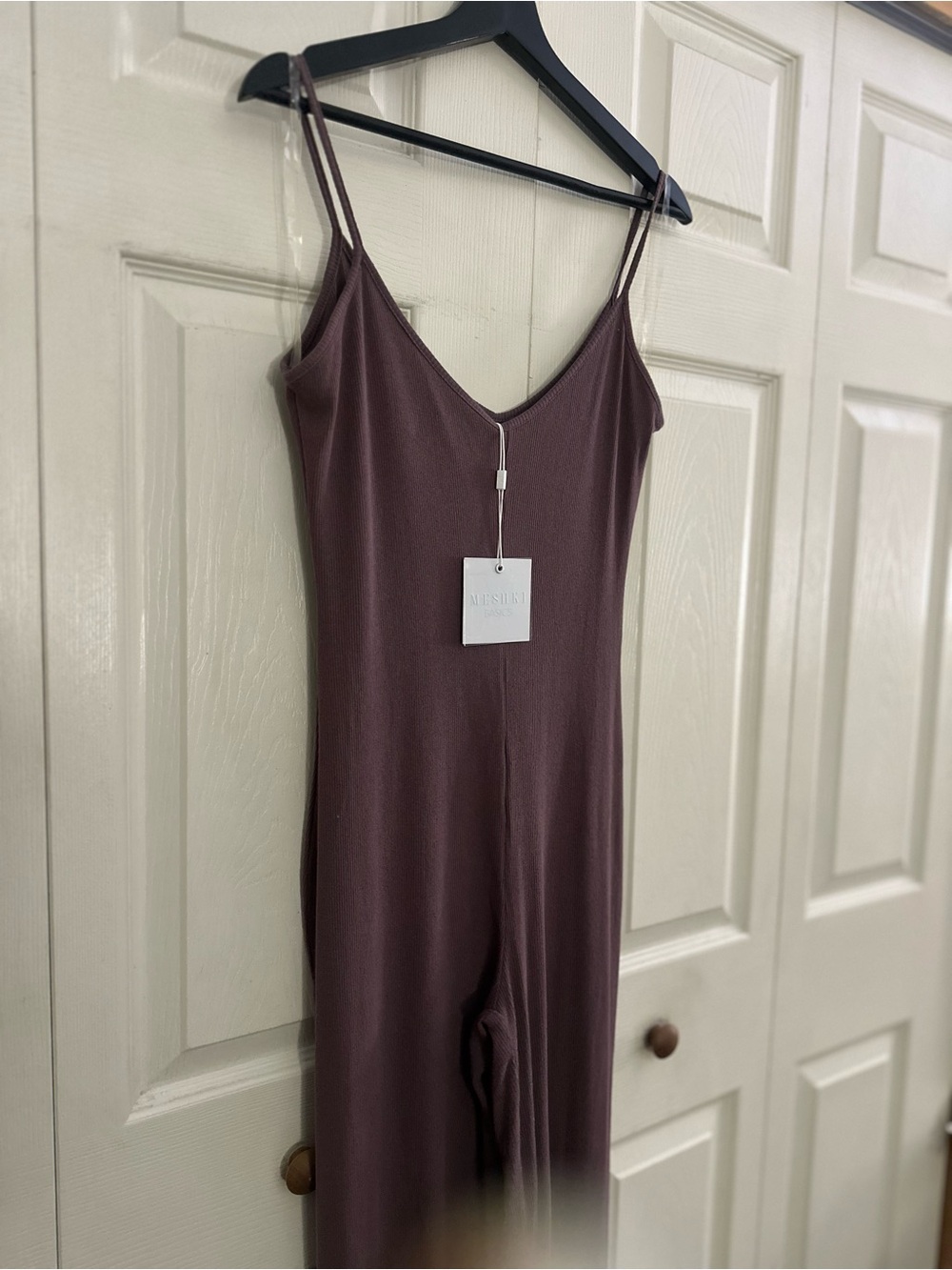 Meshki Basics Plum Wide-Leg Spaghetti Strap Ribbed Jumpsuit Sz Med - Picture 6 of 10